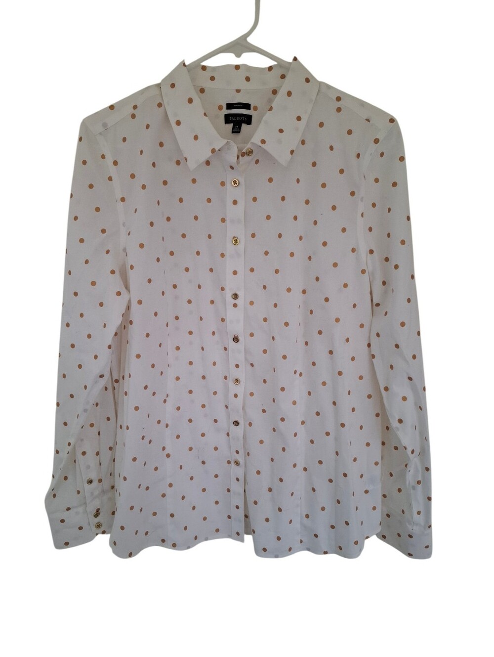 Talbots Gold Polka Dot White Button Down Shirt, Size 14 NWOT